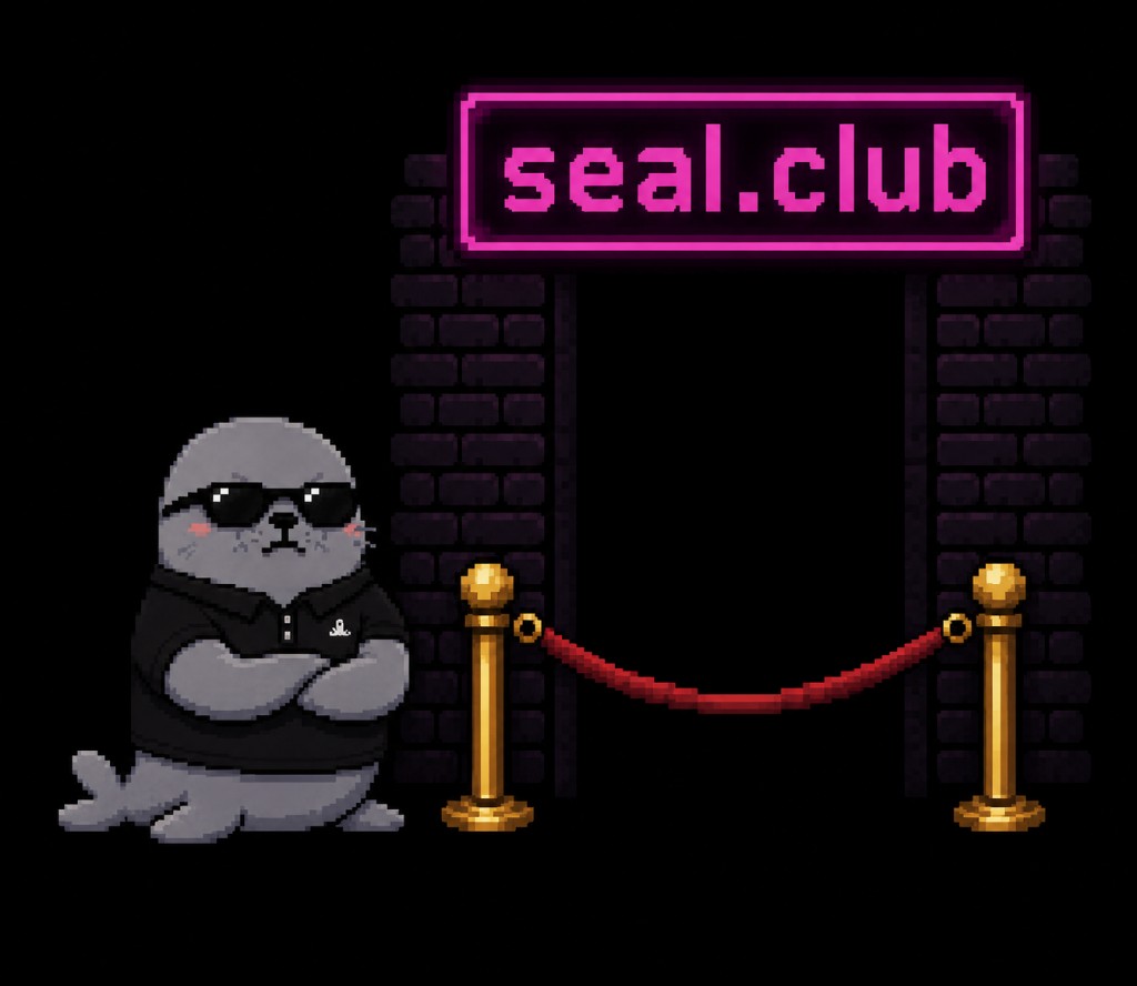 Pixel art seal in sunglasses working as a bouncer at a velvet-rope club entrance under a pink neon seal.club sign.